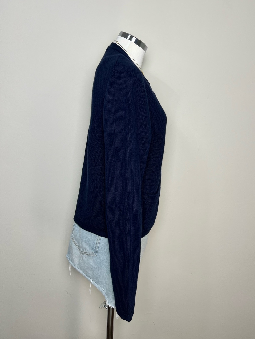 Quince Organic Cotton Sweater Jacket Navy Gold Button Cardigan Women's M NWT - Picture 3 of 11